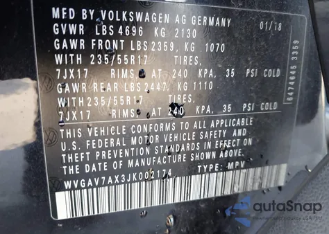 2018 Volkswagen Tiguan Limited 2.0T z USA, uszkodzony, nr VIN WVGAV7AX3JK002174